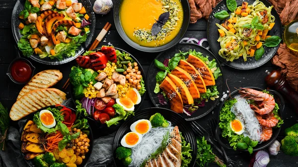 Eten Tafel Herfst Voedselassortiment Bovenaanzicht Vrije Ruimte Voor Tekst — Stockfoto