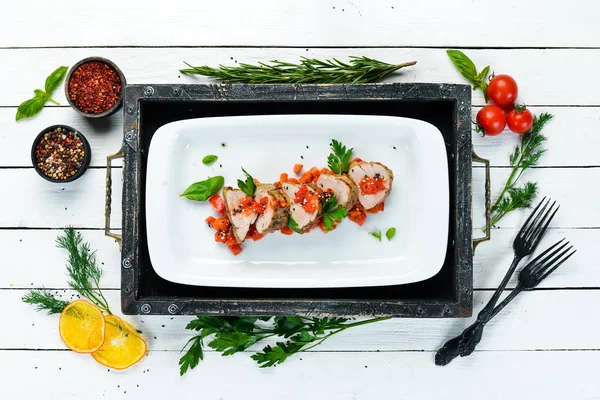 Filete Ternera Horno Con Verduras Platos Comida Vista Superior Espacio — Foto de Stock