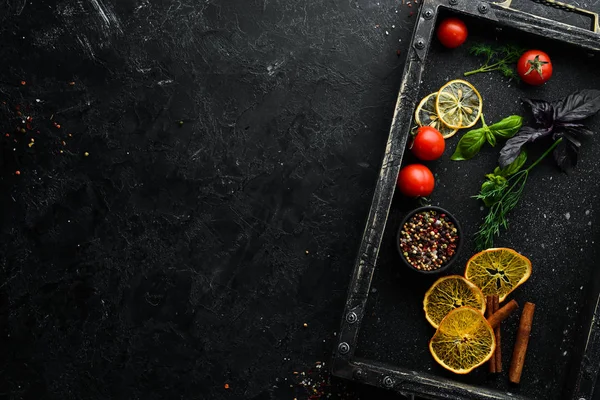 Fondo Alimentos Piedra Negra Ingredientes Cocina Vista Superior Espacio Libre —  Fotos de Stock