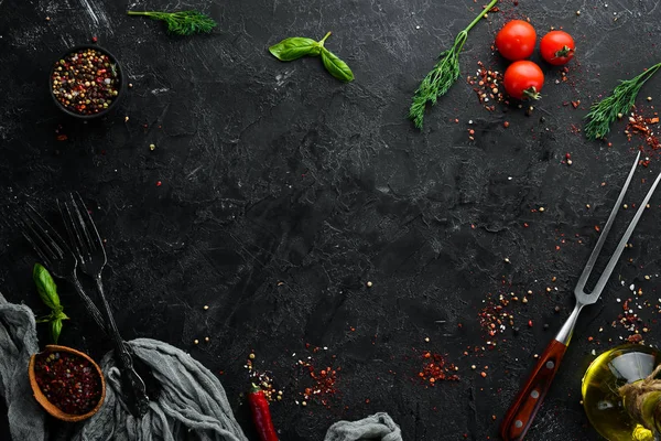 Black Stone Food Background Cozinhar Ingredientes Vista Superior Espaço Livre — Fotografia de Stock