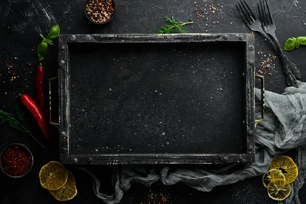 Μαύρο Πέτρινο Φόντο Τροφίμων Συστατικά Μαγειρικής Στο Πάνω Μέρος Ελεύθερος — Φωτογραφία Αρχείου