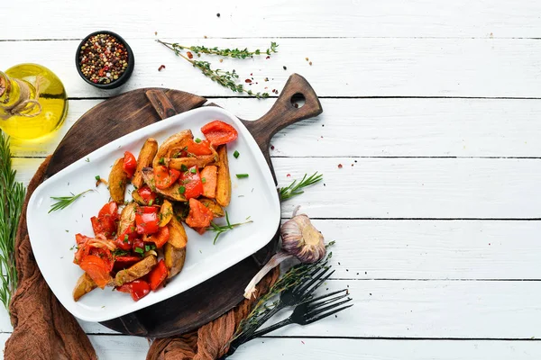 Batatas Assadas Com Legumes Pratos Comida Vista Superior Espaço Livre — Fotografia de Stock