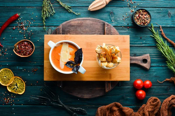 Sopa Purê Tomate Vegetal Pratos Comida Vista Superior Espaço Livre — Fotografia de Stock