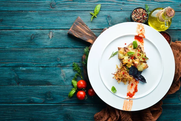 Filete Cerdo Horno Con Queso Platos Comida Vista Superior Espacio — Foto de Stock