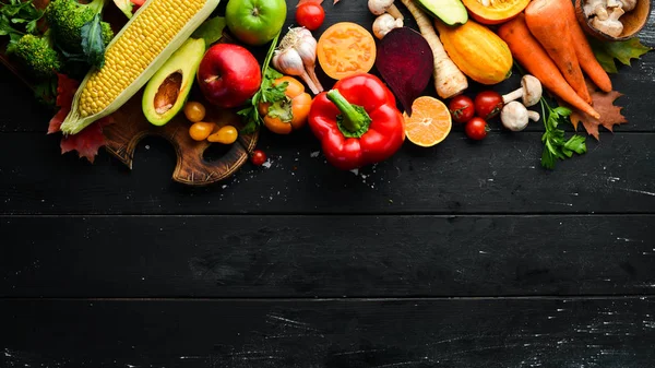 Verduras Frescas Frutas Sobre Fondo Piedra Negra Comida Saludable Vista — Foto de Stock