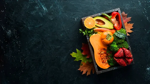 Autumn Vegetables Fruits Black Stone Background Pumpkin Tomatoes Corn Pomegranate — ストック写真