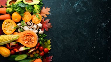 Siyah bir arka planda sonbahar sebzeleri: balkabağı, domates, mısır, salatalık, soğan, havuç. Sonbahar yemeği. Üst Manzara. Boş kopyalama alanı.