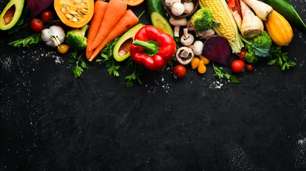 Fresh Seasonal Vegetables Black Stone Background Pumpkin Tomato Avocado Cucumber — ストック写真