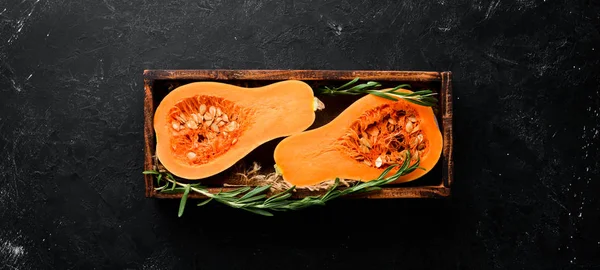 Fresh Pumpkin Wooden Box Autumn Vegetables Black Stone Background Top — 스톡 사진