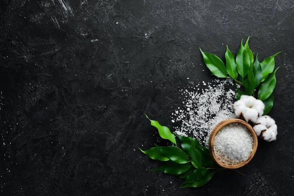 Spa Sea Salt Bowl Black Stone Background Top View Free — Stock Photo, Image