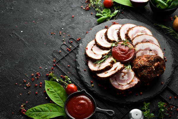 Baked meat roll made of pork and spices. Top view. Rustic style.