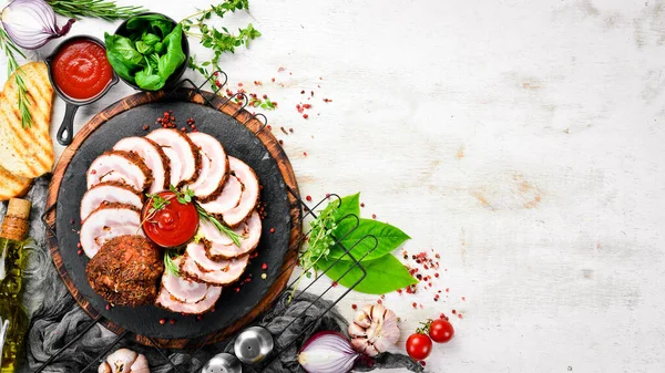 Sertéshúsból Fűszerekből Készült Sült Húspogácsa Első Látásra Rusztikus Stílus — Stock Fotó