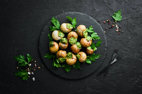 Sosla pişirilmiş salyangozlar. Tereyağı ve baharatlı fırında salyangoz. Üst Manzara. Metnin için boş yer.
