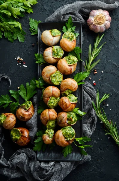 Sosla pişirilmiş salyangozlar. Tereyağı ve baharatlı fırında salyangoz. Üst Manzara. Metnin için boş yer.