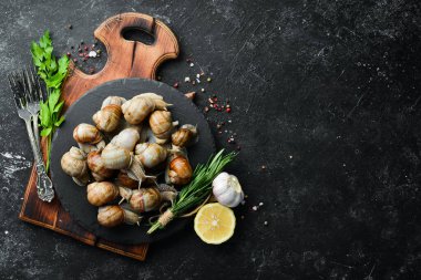 Siyah taş tabakta maydanozlu Taze Üzüm Salyangozu. Üst görünüm.