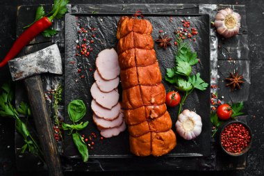 Tütsülenmiş domuz eti. Üst Manzara. Metin için boş alan.