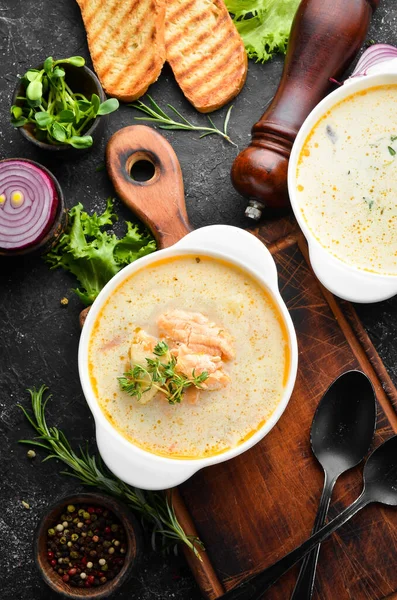 Fish soup with vegetables. Soup in a bowl. Top view. Free space for your text. — Stock Image Fish Soup Vegetables Soup Bowl Top View Free Space Your Royalty Free Stock Photos