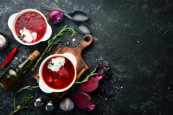 Borsch Sup Van Bieten Groenten Oekraïense Traditionele Gerechten Bovenaanzicht Vrije — Stockfoto