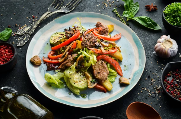 Salad Veal Mushrooms Zucchini Top View Rustic Style — Stock Photo, Image