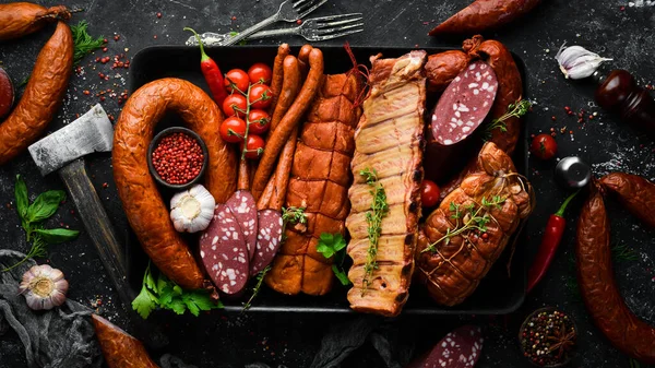 Different Sausages Smoked Meats Old Wooden Table Top View Free — Stock Photo, Image