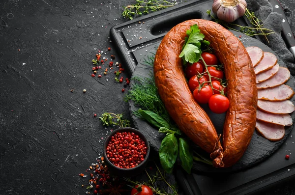 Salame Salsiccia Carne Maiale Vista Dall Alto Spazio Libero Testo — Foto Stock