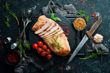 Baharatlı fırında domuz eti. Üst Manzara. Metin için boş alan.