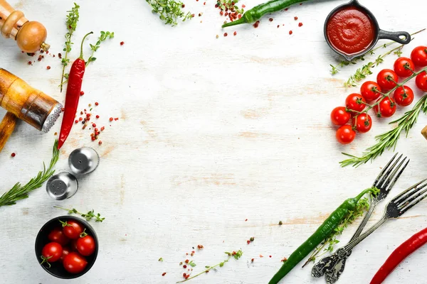 Banner Culinario Blanco Con Especias Verduras Hierbas Vista Superior Estilo — Foto de Stock