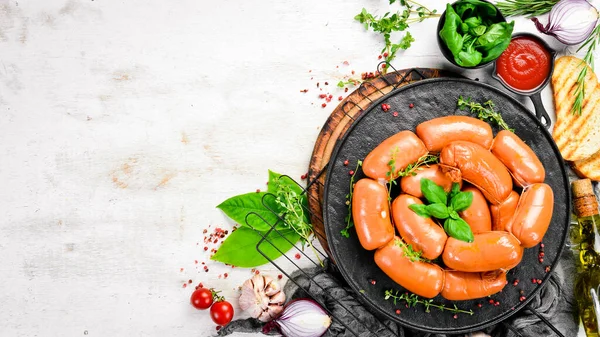 Boiled Pork Sausages Rosemary Spices Top View Rustic Style — Stock Photo, Image