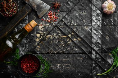 Yemek, baharat ve şifalı mutfak afişi. Üst Manzara. Metin için boş alan.