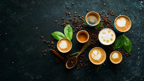 Seperangkat Minuman Kopi Espresso Cappuccino Latte Dan Americano Pada Latar — Stok Foto