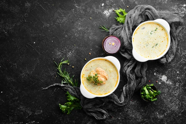 Fish soup with vegetables. Soup in a bowl. Top view. Free space for your text. — Stock Image Fish Soup Vegetables Soup Bowl Top View Free Space Your Royalty Free Stock Photos