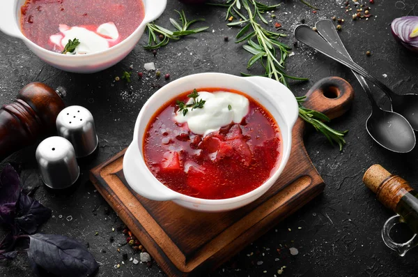 Borsch Rüben Und Gemüseauflauf Ukrainische Traditionelle Küche Ansicht Von Oben — Stockfoto