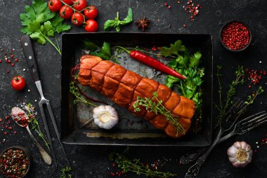 Tütsülenmiş domuz eti. Üst Manzara. Metin için boş alan.