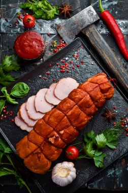 Tütsülenmiş domuz eti. Üst Manzara. Metin için boş alan.