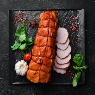 Tütsülenmiş domuz eti. Üst Manzara. Metin için boş alan.