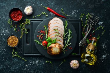 Biberiyeli fırında domuz eti. Üst Manzara. Metin için boş alan.