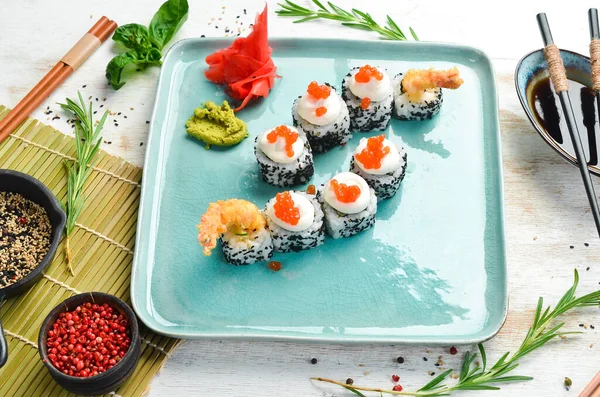 Sushi Rolls Caviar Shrimp Japanese Food Top View Rustic Style — Stock Photo, Image
