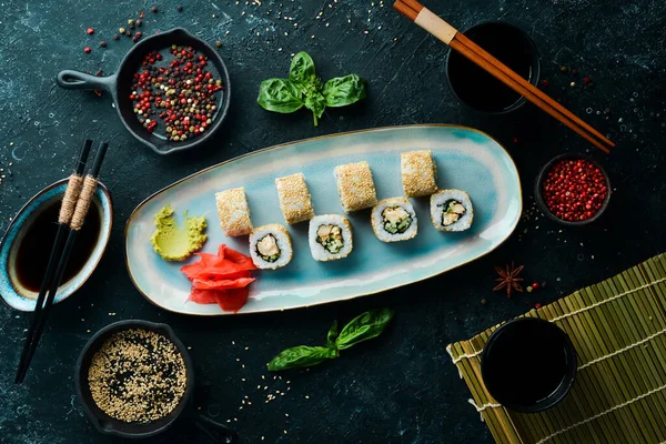 Rolls Cucumber Fish Cheese Plate Sushi Top View Rustic Style — Stock Photo, Image