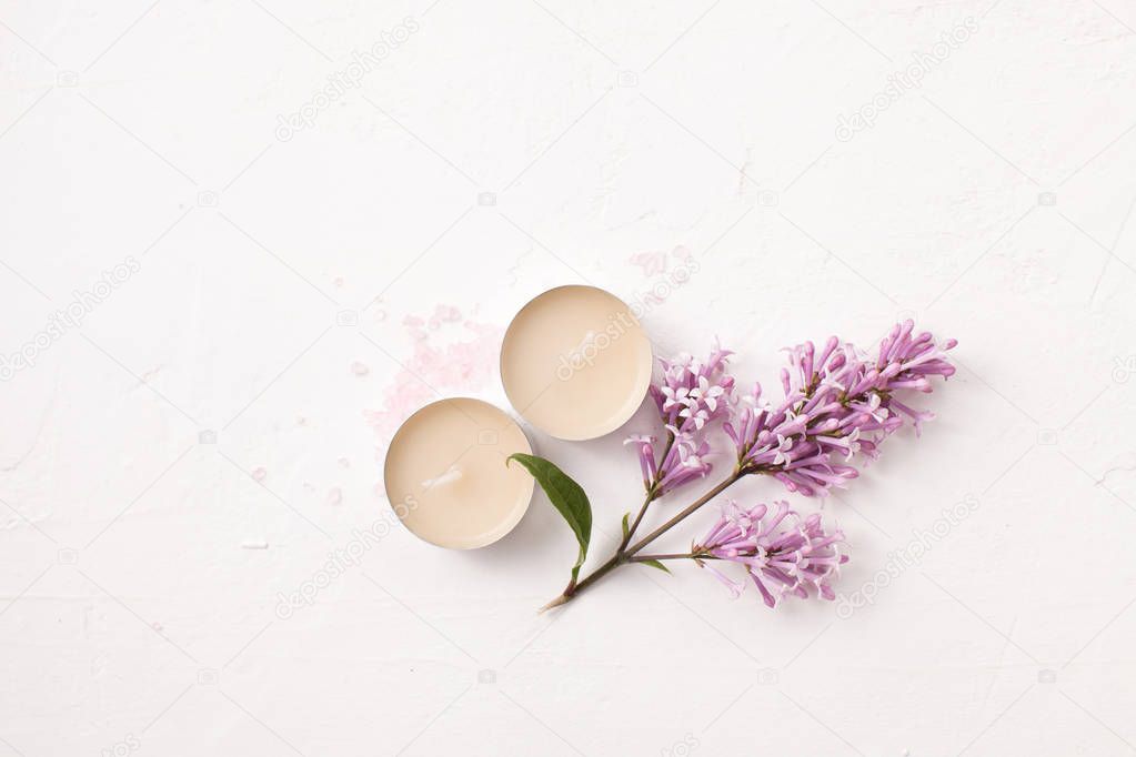 Cosmetics for Spa treatments at home on a white background. Copy space text 