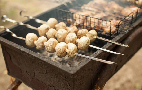 Cozinhar Cogumelos Carne Grelha Recreação Livre — Fotografia de Stock