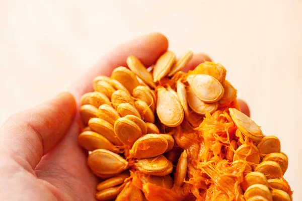 Raw pumpkin seeds in hand on wooden light background. Copy space text.