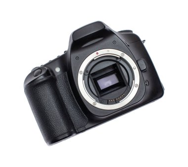 Beyaz arka planda Dslr kamera gövdesi