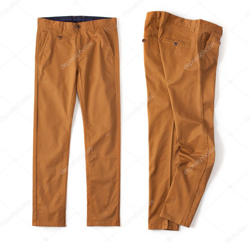 Denim cargo pants brick color laid out on a white background