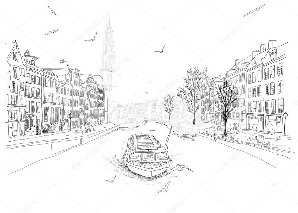 Drawing markers sketch of the city landscape of Amsterdam