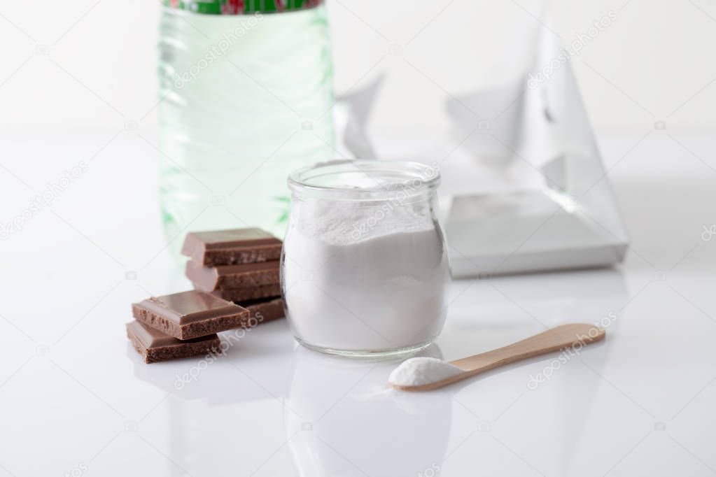 Jar with artificial sweetener aspartame E951 is harmful to health.