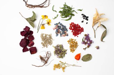 Beyaz arka planda bitkisel ilaçlar var.