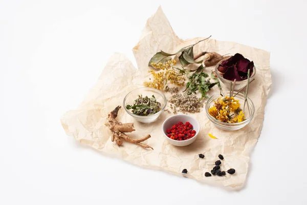 Herbal medicine ingredients on a white background — Stock Photo, Image