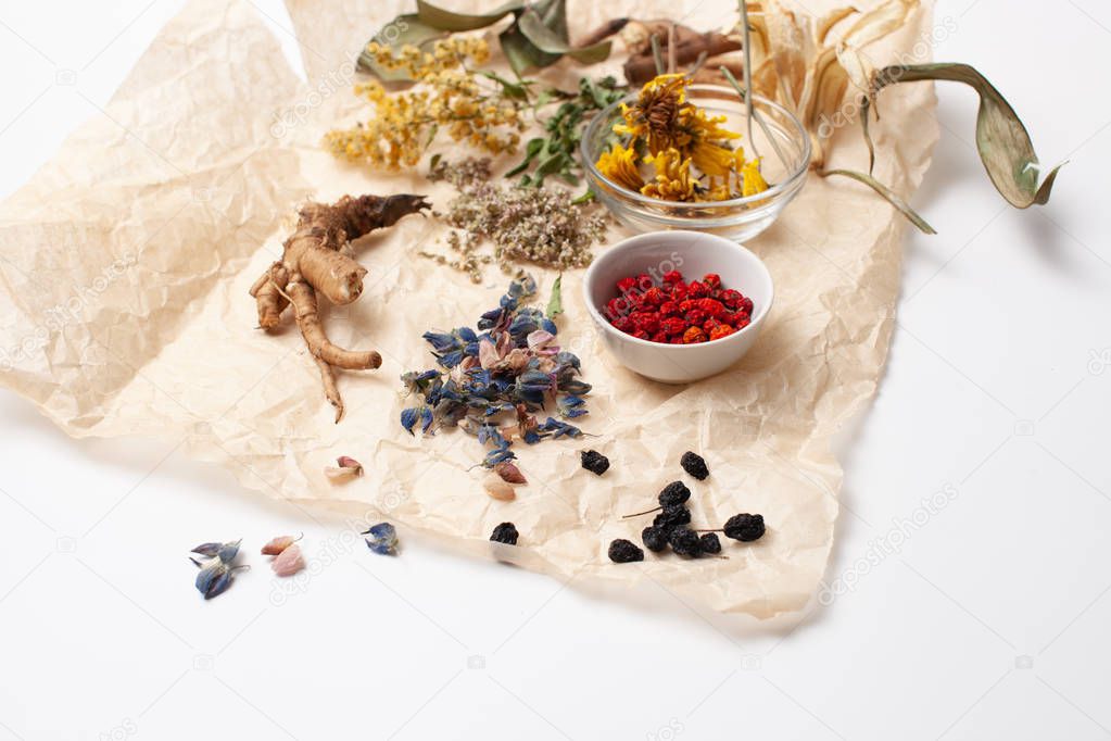 Herbal medicine ingredients on a white background