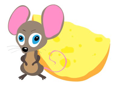 Büyük bir peynirin yanında küçük komik bir fare.