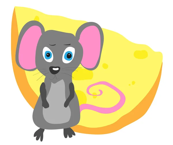 Забавная маленькая крыса рядом с большим куском сыра — стоковый вектор